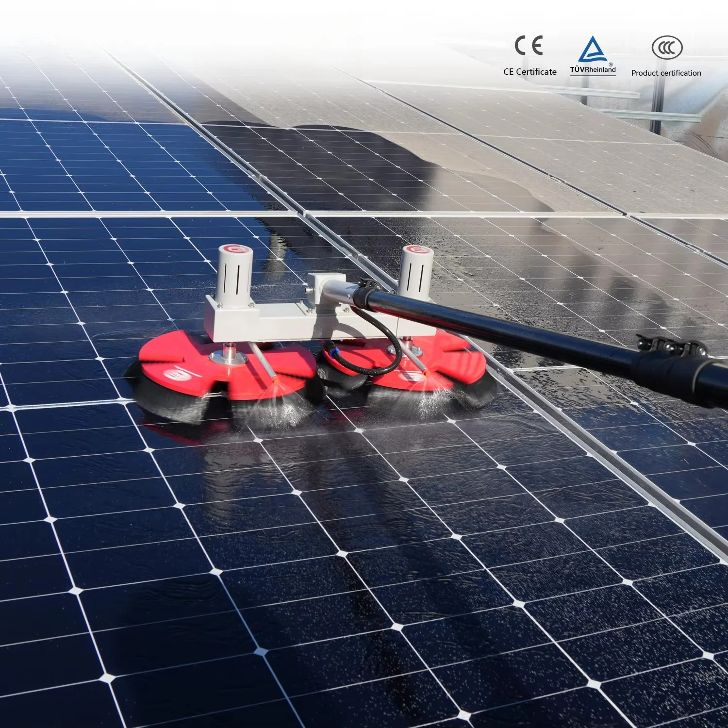 Double-Disc Pole Water-Fed Brush Windows Clean System Photovoltaic Cleaner Supplier Solar Cleaning Brush