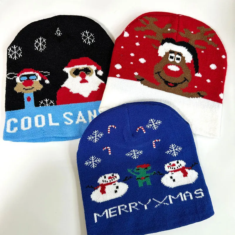 

Рождественские шапки, вязаный свитер, Шапка-бини с Санта-лосем, зимняя тканевая шапка для взрослых, унисекс шапочки, облегающие шапочки с рождественским подарком для