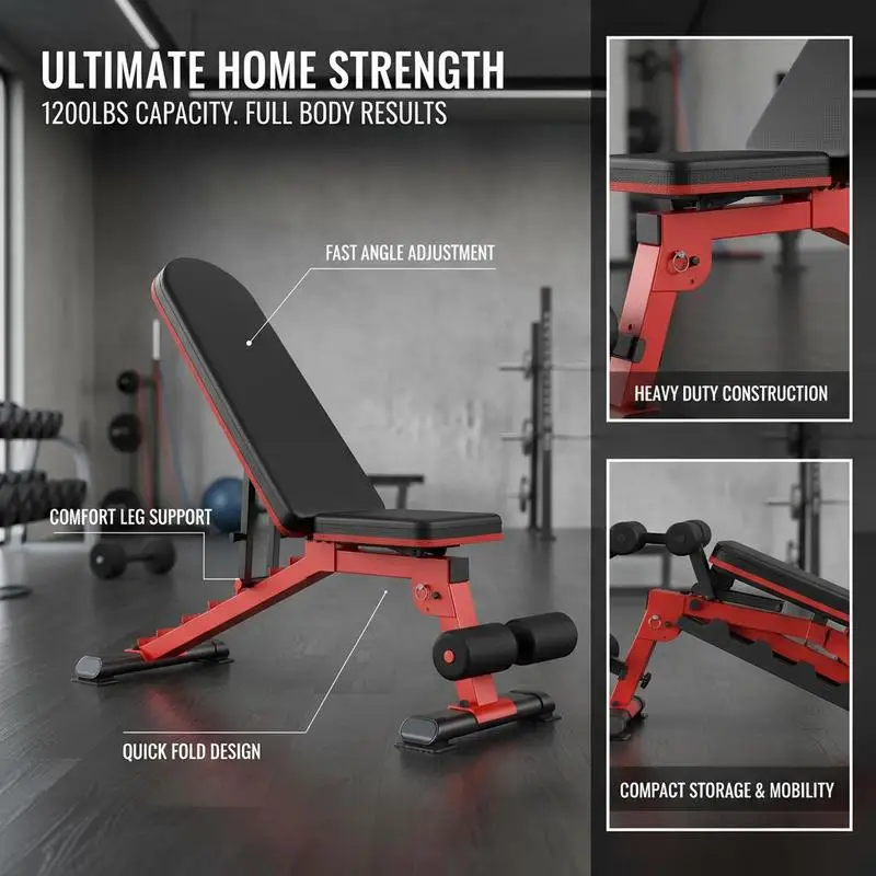 Heavy Duty Workout Station 1200lbs For Strength Training Home Gym Full Body Exercise, Adjustable Sit Up Bench Quick Folding Fast Adjustment Flat Position Design