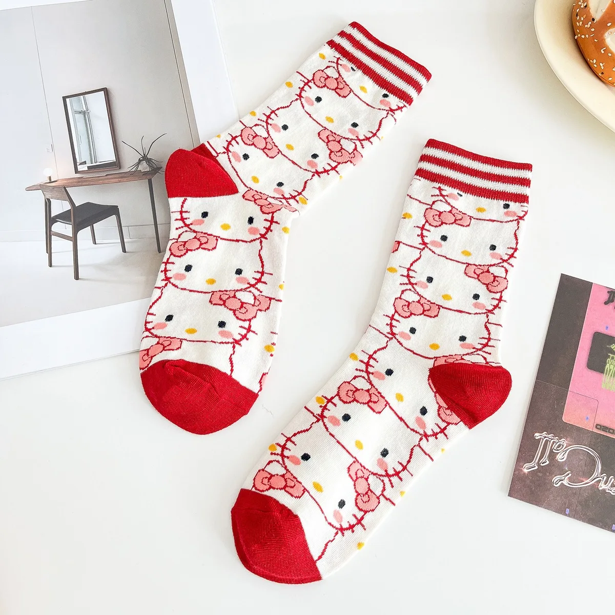 HelloKitty Anime Leuke Kat Mid Kuit Sokken Voor Vrouwen Japanse Cartoon Sokken Gekamd Katoen Mode Sokken