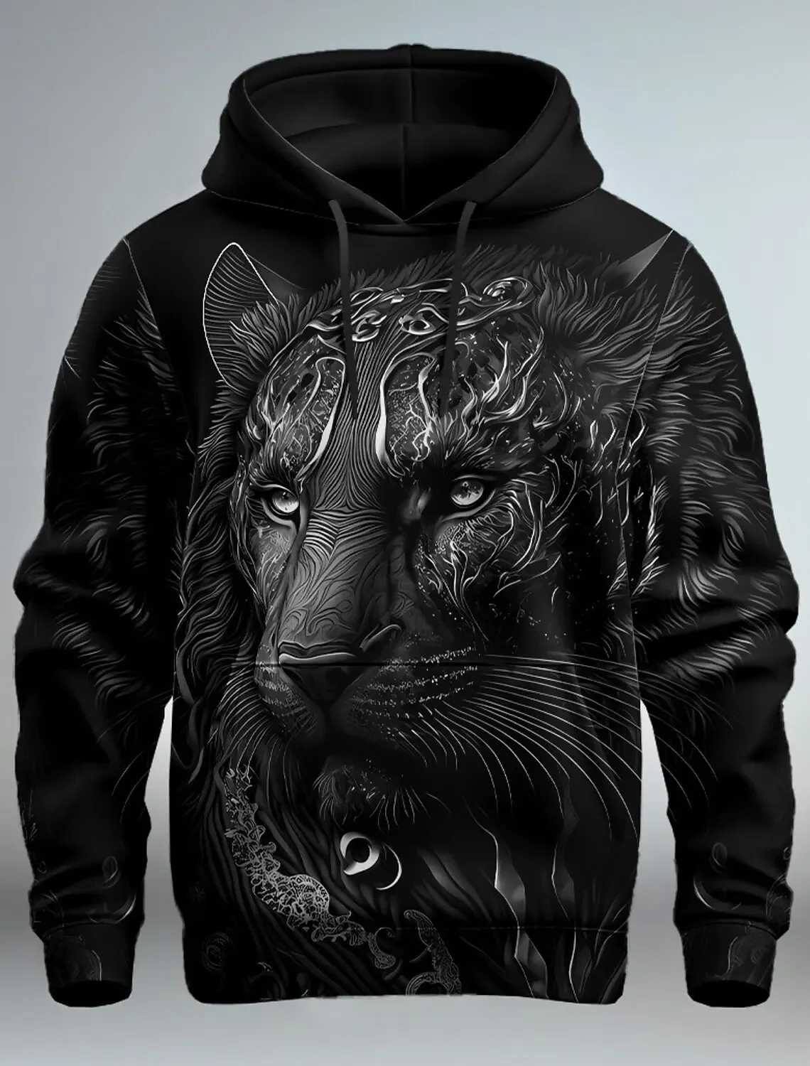 سويت شيرت بقلنسوة بطباعة ثلاثية الأبعاد للرجال من Lion Graphic بأكمام طويلة وقلنسوة وجيب أمامي وقلنسوة للربيع