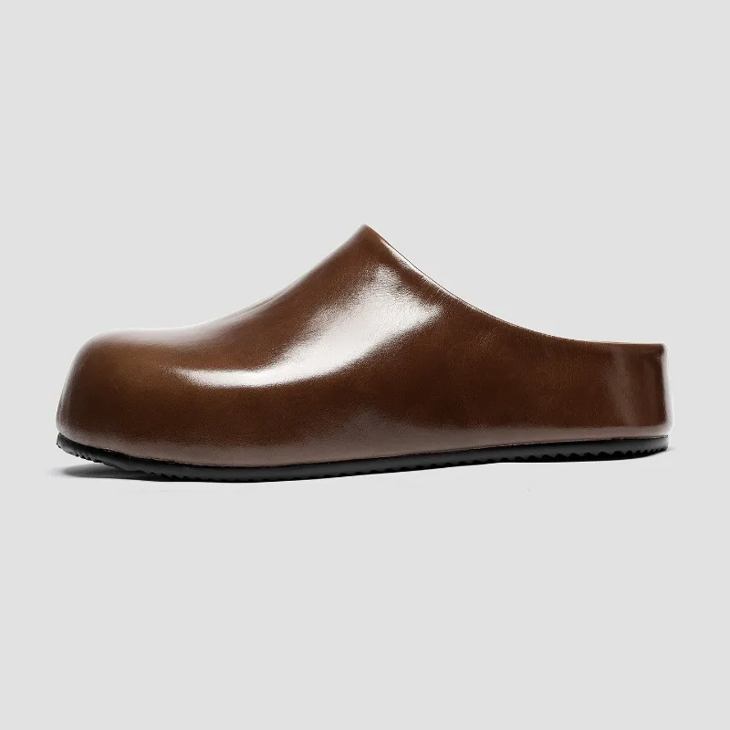 

Designer Summer Half Slippers Men's Genuine Leather Slip on Loafers Fashion Leather Shoes Male Thick Sole Cowhide Sports Flats