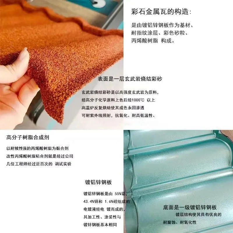 Arc colored stone metal tile, dark red villa roof surface aluminized zinc steel plate tile, colored stone tile