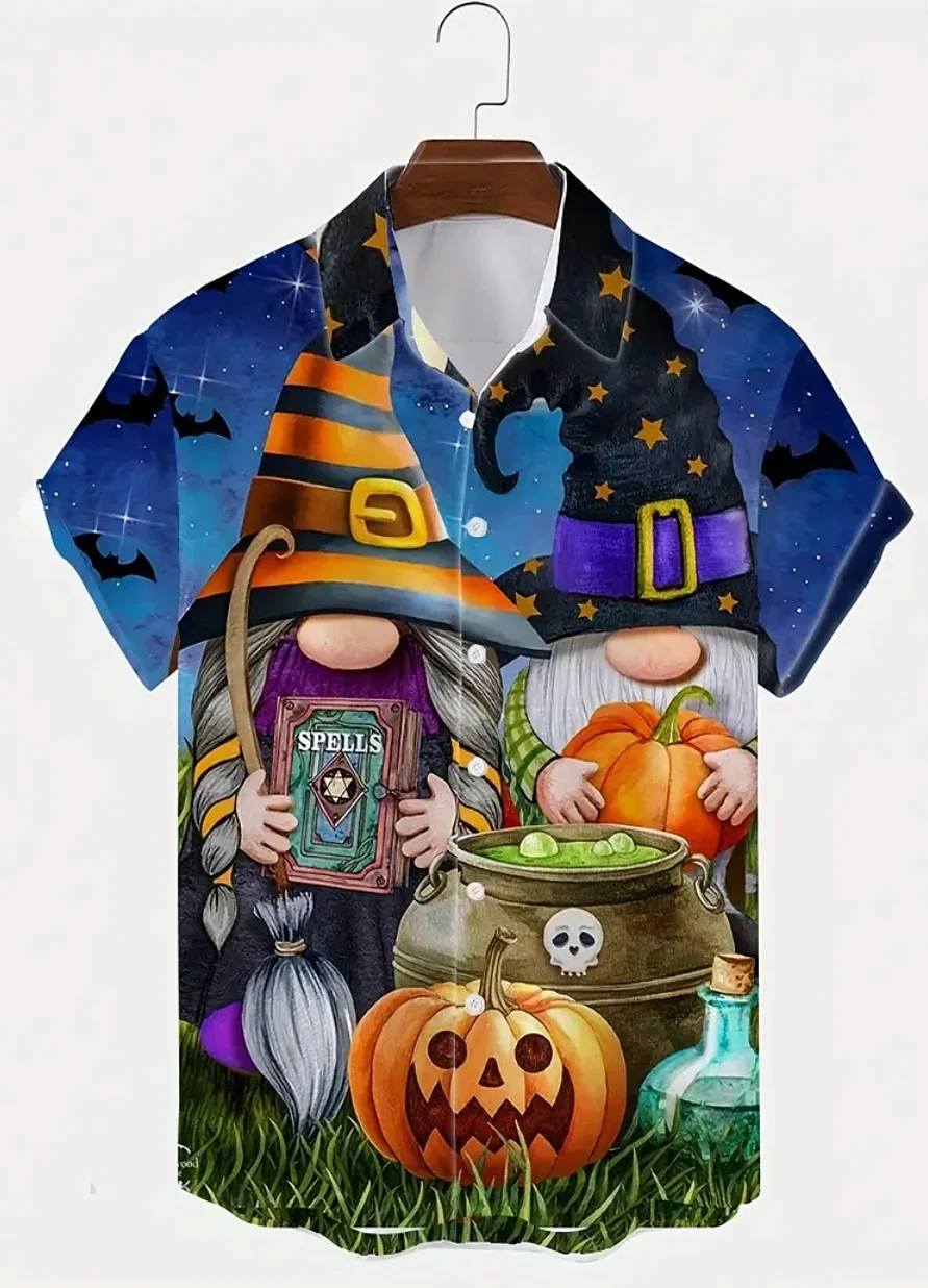 

2024 New Halloween Skull Pumpkin Hawaiian Shirt Cartoon Print Shirt Men Adult 3D Printing Holiday Party Halloween