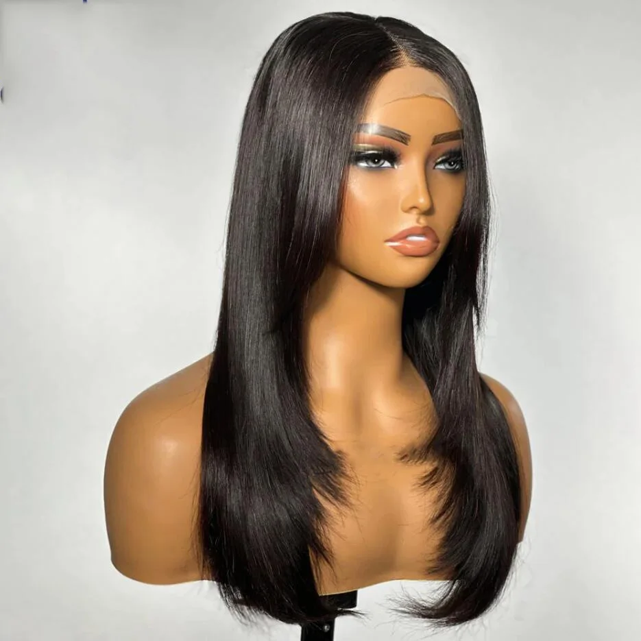 

Soft Free Part 13*4 Lace Front Wig Layered Black Glueless 26Inch 180% Density Long Preplucked Silky Straight For Women Baby Hair