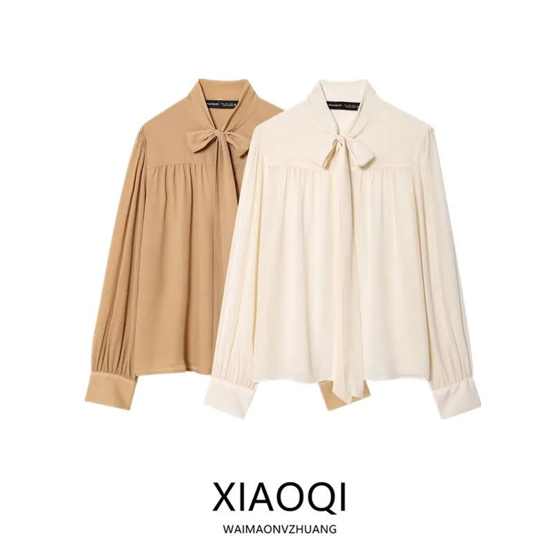 

Faionable Casual Women's irt Knot Neline Chiffon Top Autumn 2025 New Arrival Loose Fit Polyester Fiber