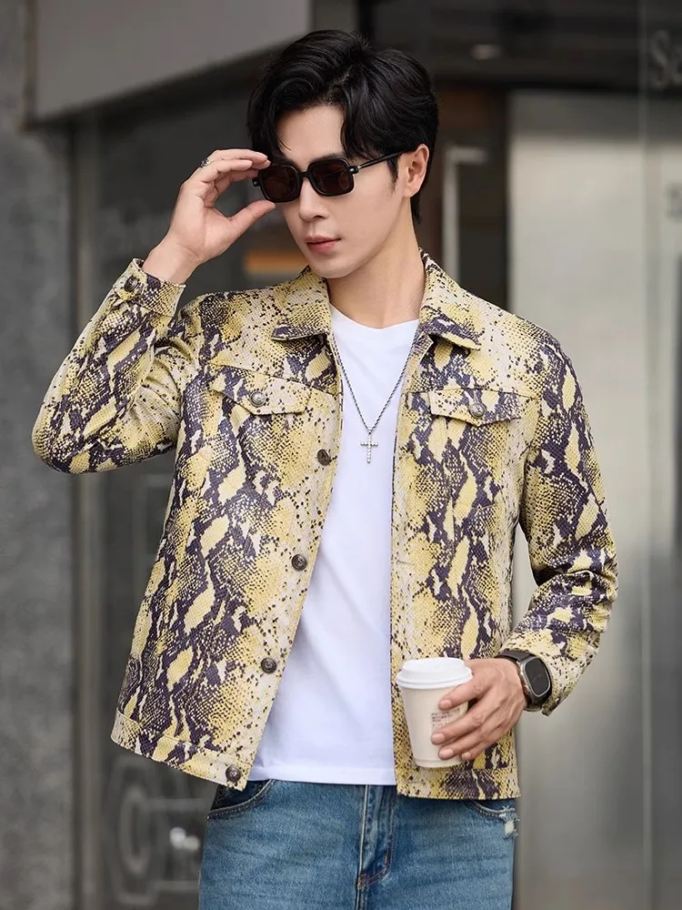 سترة جلدية أصلية فاخرة للرجال بنمط الأفعى من جلد الغنم بقصة ضيقة واحدة الصدر ملابس خارجية لحفلات الأعمال سترات فاخرة