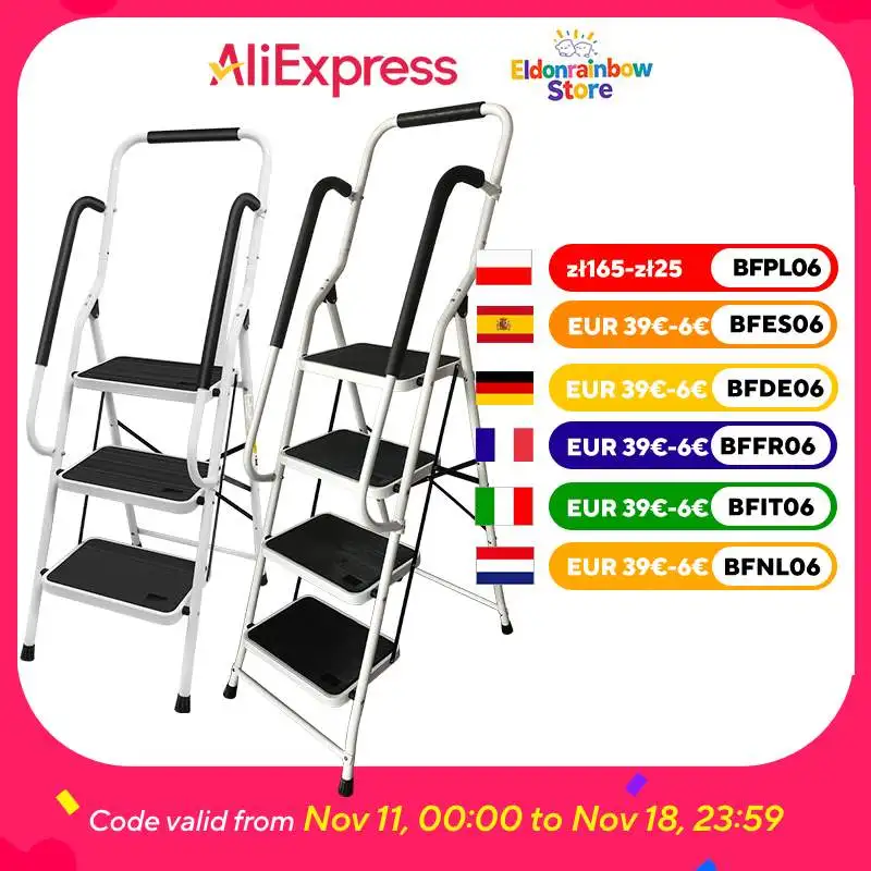 Échelle à 3/4 marches avec rampe de sécurité pliante pour main courante – Capacité de charge robuste antidérapante de 150 kg – Escabeau en acier pour adulte pour la maison