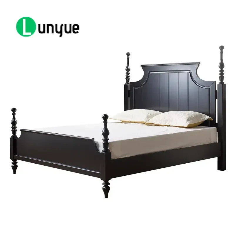 King Size Solid Wood Poster Bed Frame with Engraved Headboard Classic Wooden Bedroom Furniture Set Durable Home Decor