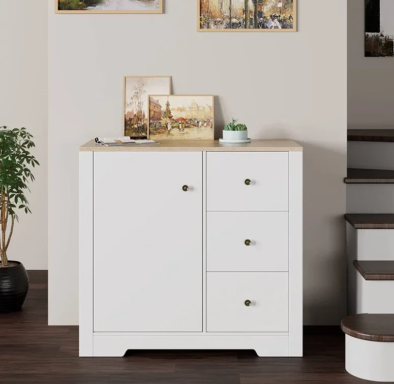 Modern White Cabinet with Door & 3 Drawers Wood Kitchen Sideboard Cabinet Base Cabinet Living Room Furniture