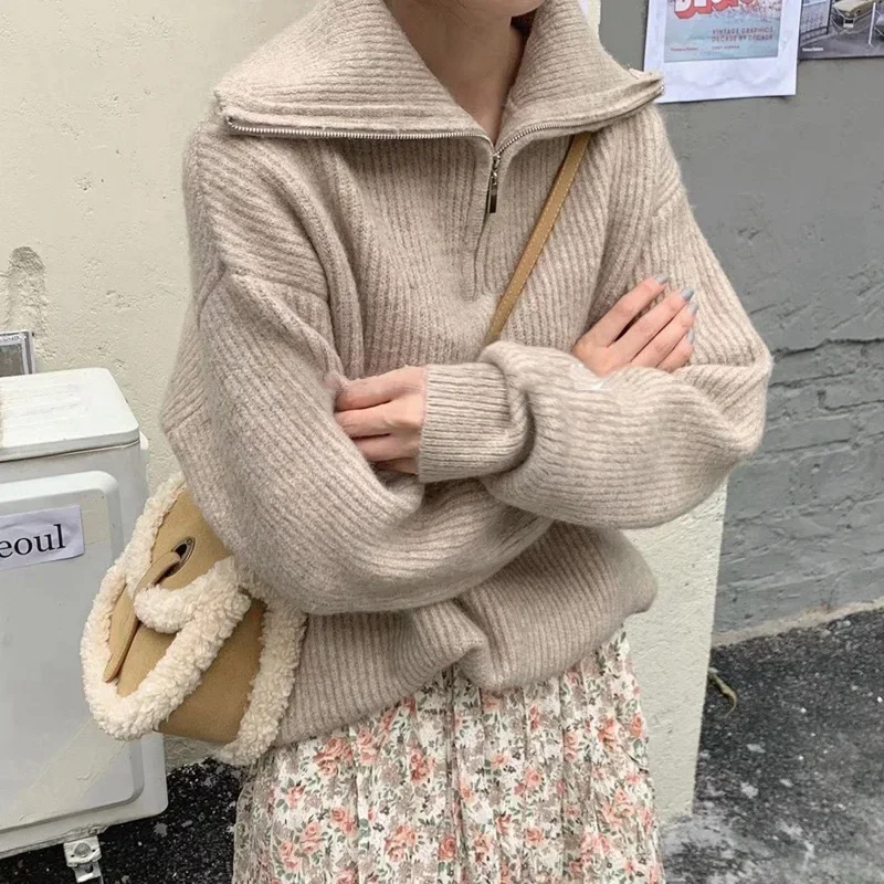 

Women's Turtleneck Zippers Fashion Women Sweaters Solid Loose Pullover Long Sleeve Casual Knitted Sweater Woman Winter 2023