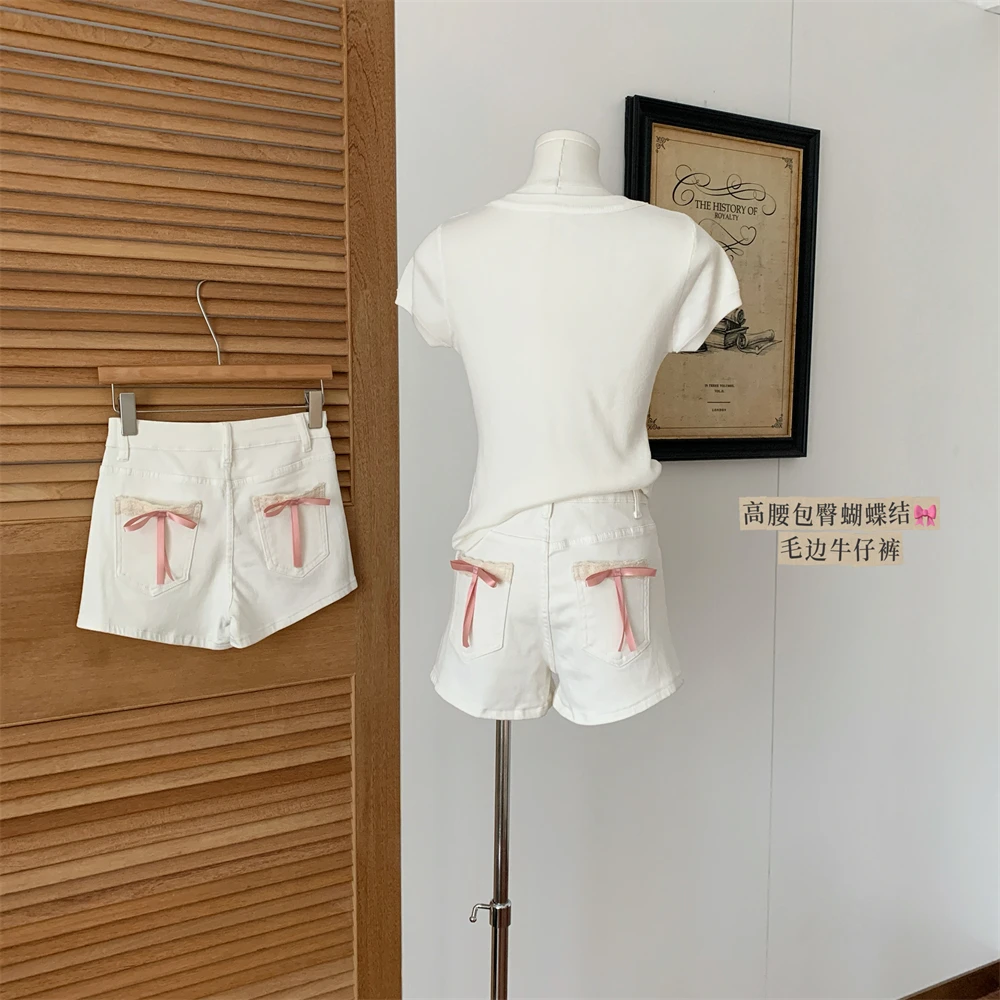 

Summer Women Korean Fashion Y2k Streetwear Denim Shorts 2000s Aesthetic Jean Hot Pants Tide Shoujo Bow Shoujo Cute Core New