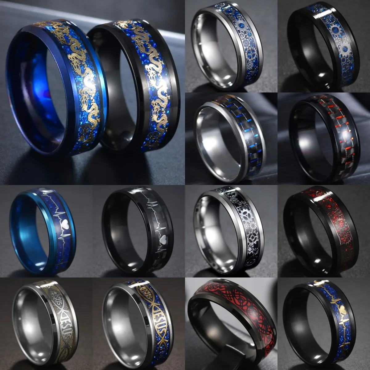 Powerful Dragon Carbon Fiber Ring For Men Blue Black Titanium Steel Wedding Band Amulet Rings Anel Masculino Jewelry