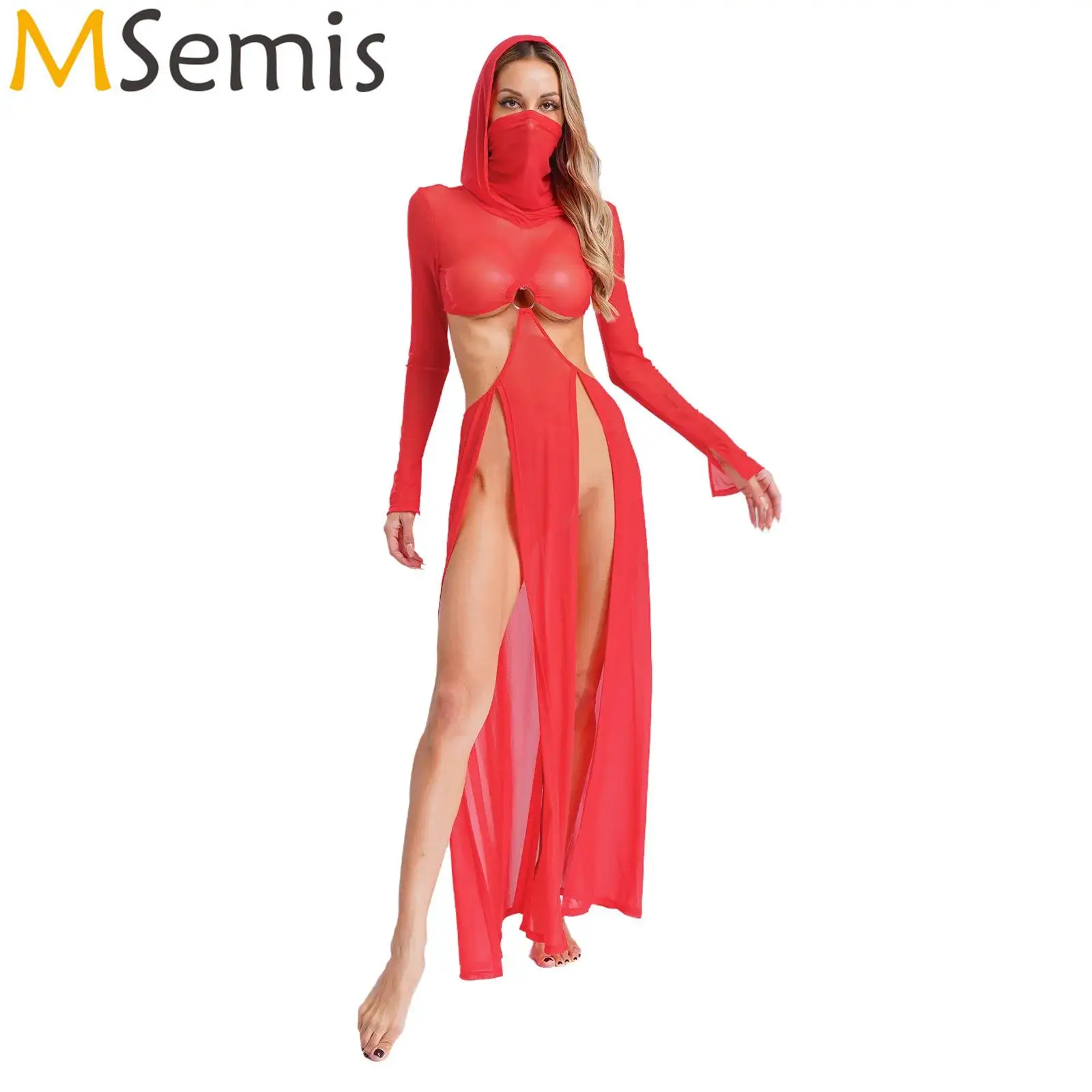 Womens Sheer Hooded Face Mask Dress Hollow Out Sheer Maxi High Slit Hooded Dresses Long Sleeves Sheer Cover Up Swimwear Costumes