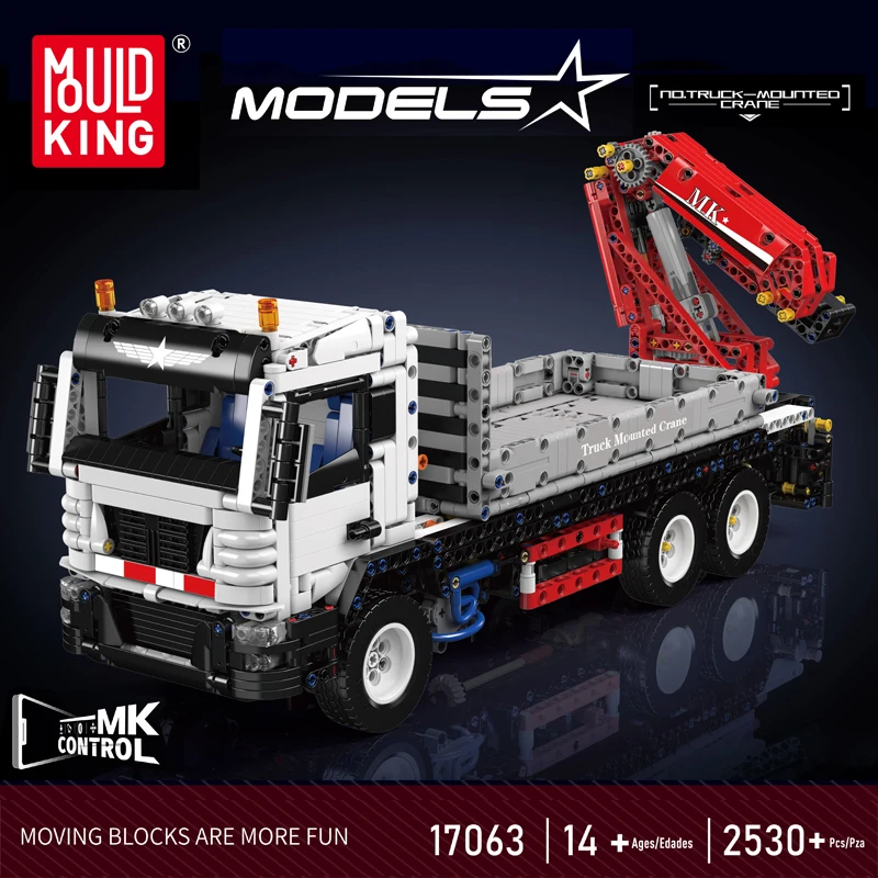 MOULD KING 17063 Technik Engineering Vehicle Remote Control Truck-mounted Crane Building Blocks Heavy Duty Tow Truck Toy Set