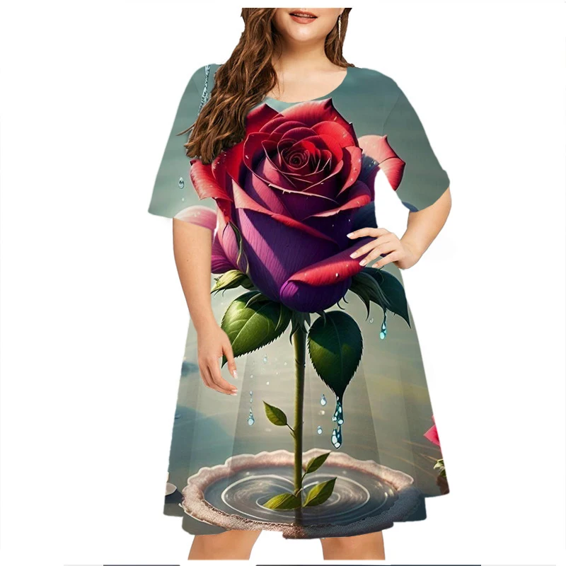 Tie Dye Starry Sky Rose Floral Print Dress Women Fashion Short Sleeve Loose Plus Size Dress Summer Casual Party Mini Dress 6XL