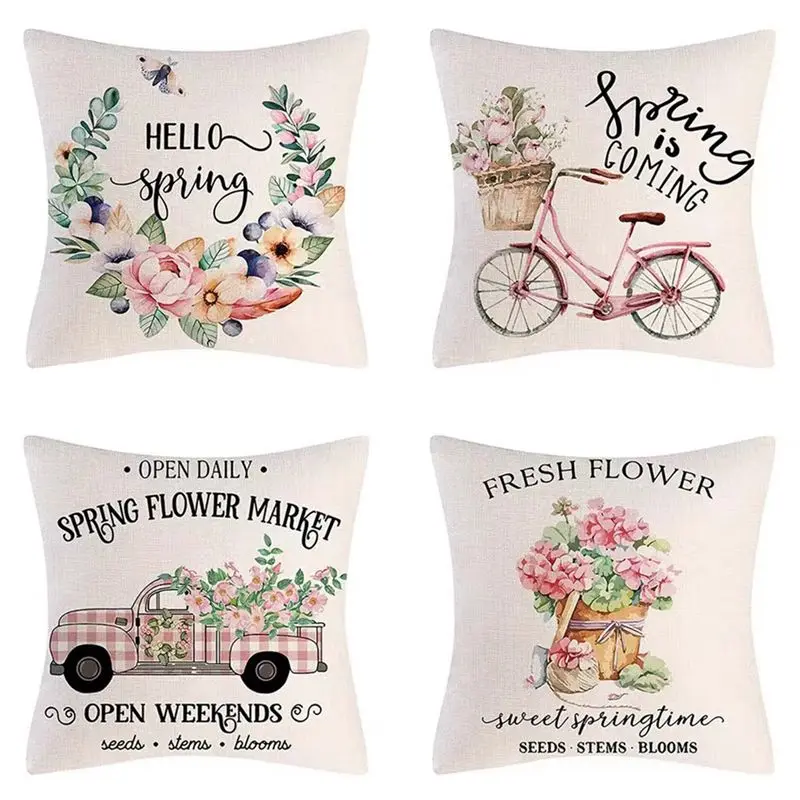 FLYY-Spring Pillow Covers 18X18 Set Of 4 Spring Decorations Flowers Farmhouse Throw Pillow Home Decor Cushion Case