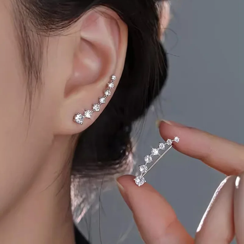 925 Silver Full Moissanite Earrings Climber 7 Star Crawler Stud Ear Cuff for Women Black White Moissanite Jewelry Brincos Gift