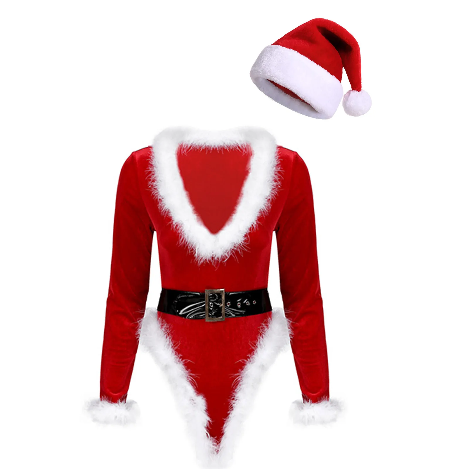 

Womens Sexy Christmas Costume Santa Claus Bodysuit Long Sleeve Jumpsuit Leotard with Belt for New Year Theme Party Nightclub