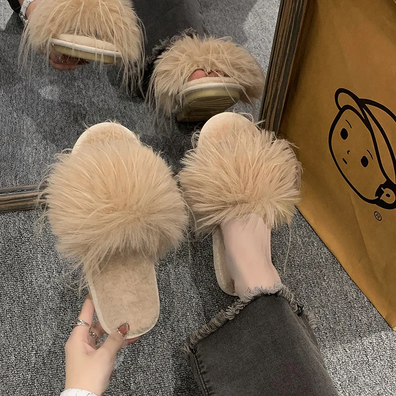 2023 New Autumn Women Slippers Feather Furry Casual Home Shoes Wedding Bride Fashion Flats Outdoor Beach Slides Female Footwear