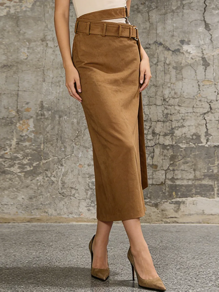 ONEXWEN Suede Brown Long Skirt Women Double Belt Decor Wrap Maxi Skirts High Waist Chic Streetwear Western Style 2026 ZM5242