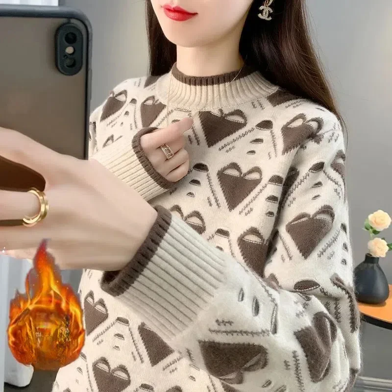

Свитер с длинными рукавами, вязаный элегантный пуловер с геометрическим рисунком, женская одежда, осенне-зимние топы с полувысоким воротником контрастного цвета
