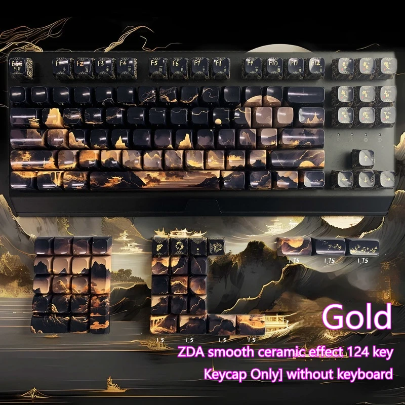 2024 Mechanical Keyboard Keycap Black Gold-Plated Ceramic Effect 124 Key Full Set Pbt Mirror Five Sided Thermal Sublimation