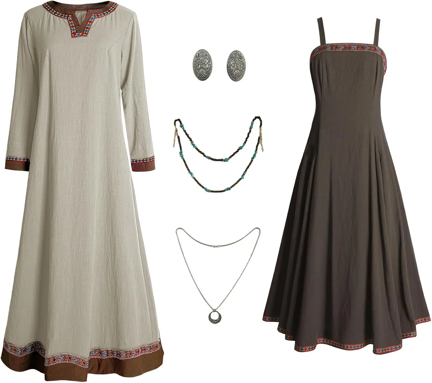 Disfraz Vikingo para Mujer con Delantal Medieval, Vestido Interior, Collar y Broches - Traje de Campesina