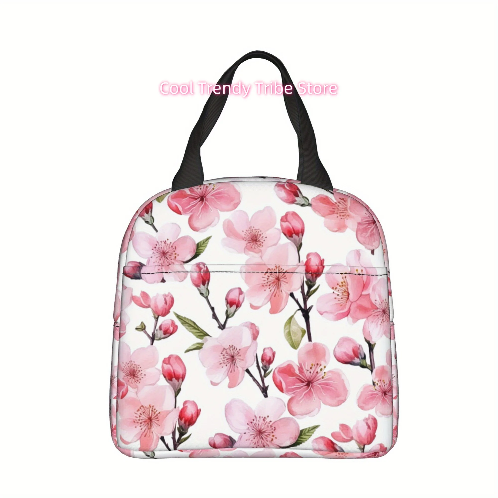 1pc [ 2D flat printing] Cherry blossom pattern Portable Reusable Cooler Bag, Lunch bag Boxed meal package top - handle bag lunch