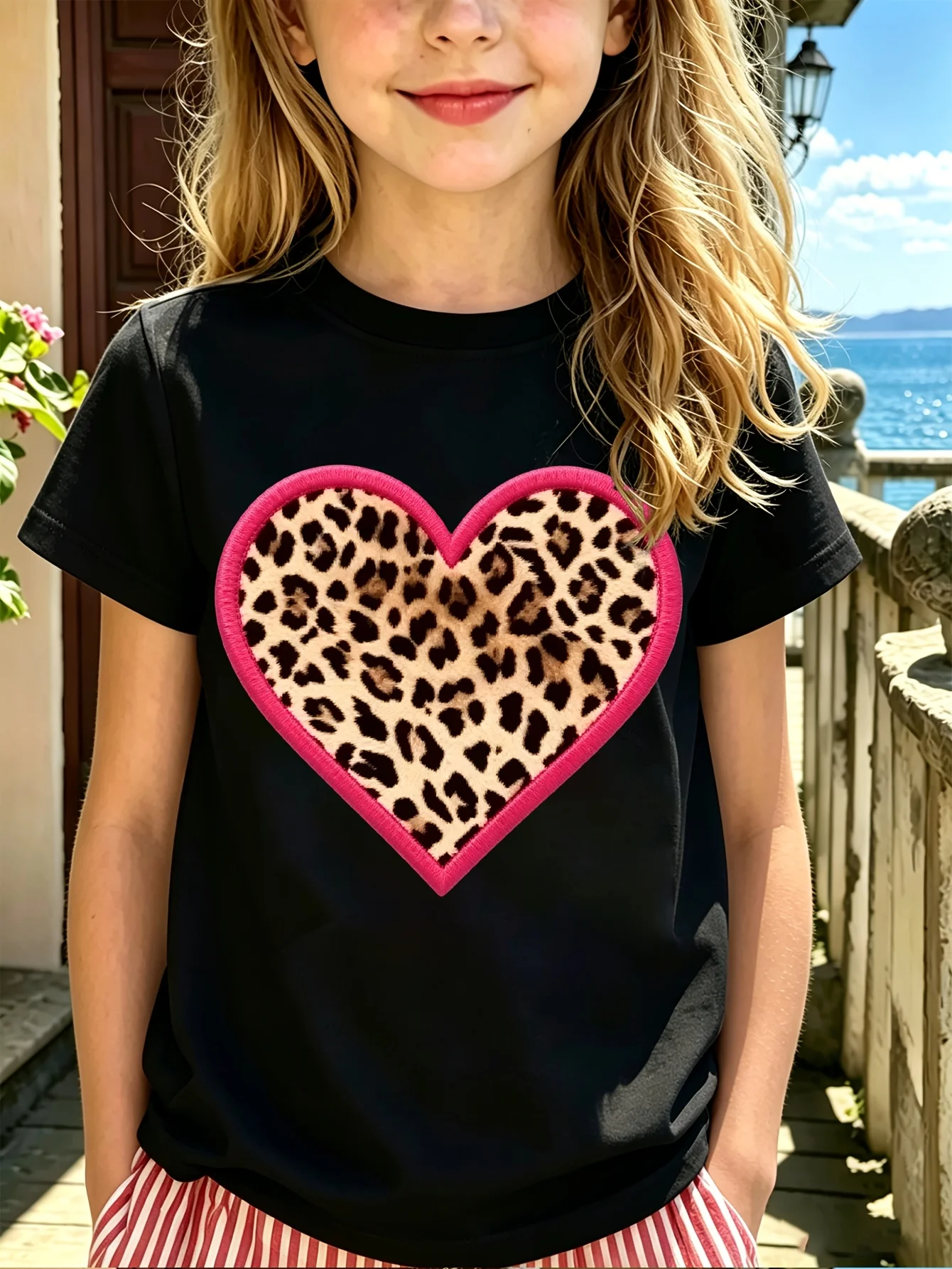 Kids Family Matching T Shirt Leopard Print Heart Pink Border Print Short Sleeve Cotton Tops For Boys Girls Daily Casual Outfit