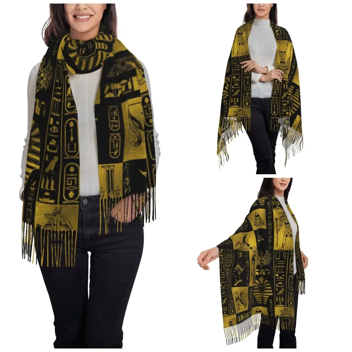 Egyptian Gold Hieroglyphs Shawls Wraps Women Warm Large Long Scarf Ancient Egypt Pashminas Tassel Scarves