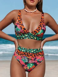 V Neck Bikinis 2024 Women High Waist Swimsuit Print Sexy Swimwear Female Bathers Bathing Swimming Swim Suit Beachwear Summer