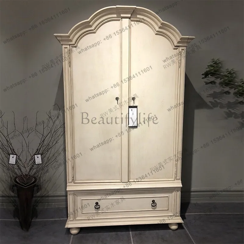 YJ French solid wood wardrobe double-door wardrobe two-door American country retro white old oak furniture customization
