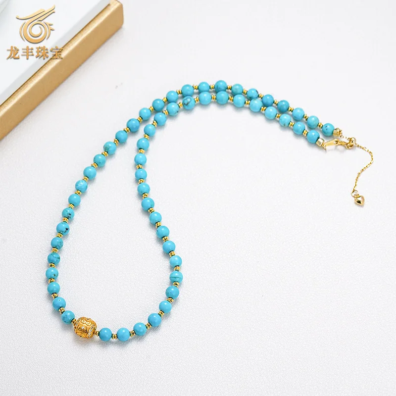 

S925 Silver Plated 18k Gold Natural Turquoise Round Beads New Style Beaded Women's Necklace
