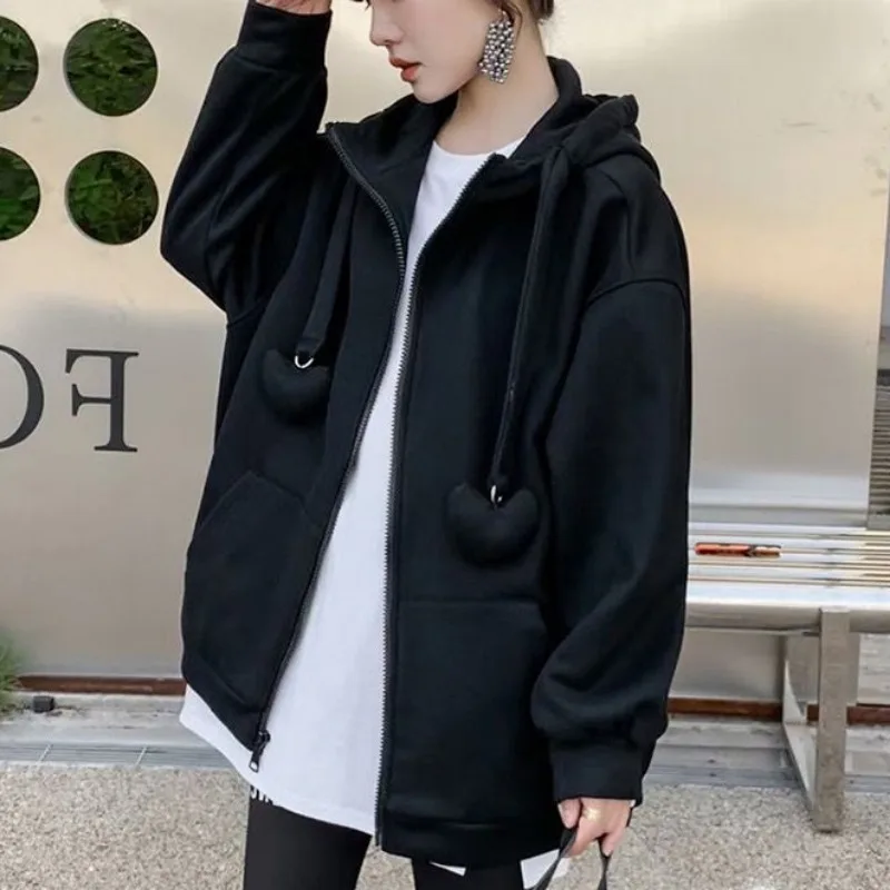 Women's Hooded Loose Sweater, Oversized Hoodie Top, Zipper Cardigan Coat, Monochromatic, Simple Outwear, Spring, Autumn, New