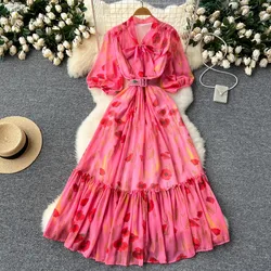 Elegant Vintage print bow Lace-up puff sleeve Dress Chic Sexy  Slim Vestidos Summer ruffle Party Women Fashion Retro Dresses