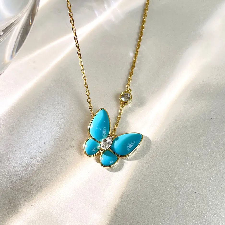 

Luxury Fashion Butterfly Jewelry 18K Gold Plated 925 Silver Blue Stone Turquoise Charm Pendant Chain Necklace Chokers Girl Gift