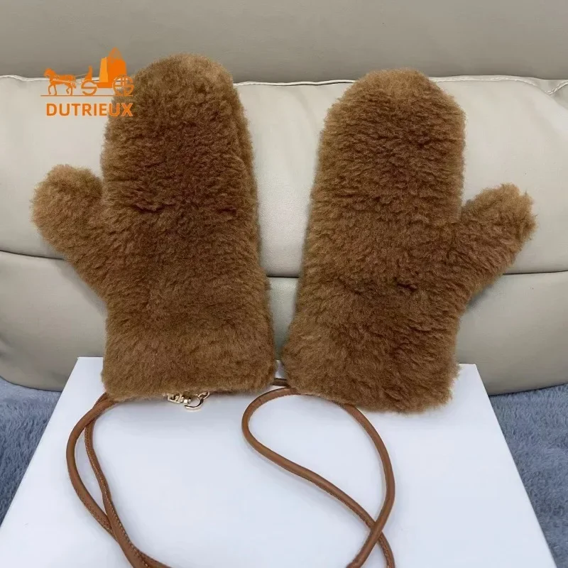 Winter 2024 New Teddy Gloves for Women, Cashmere Wool Real Fur Gloves Hanging Neck Fashion Unisex Plush Warm Gloves for Women