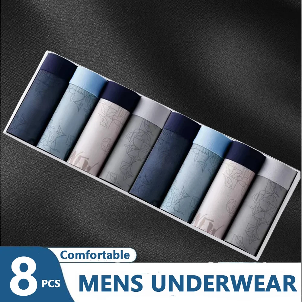 8-piece New Men Underwear Ice Silk Sexy Boxer Men Breathable Boxer Shorts Soft Comfortable Men Shorts Plus Size 5XL Panties