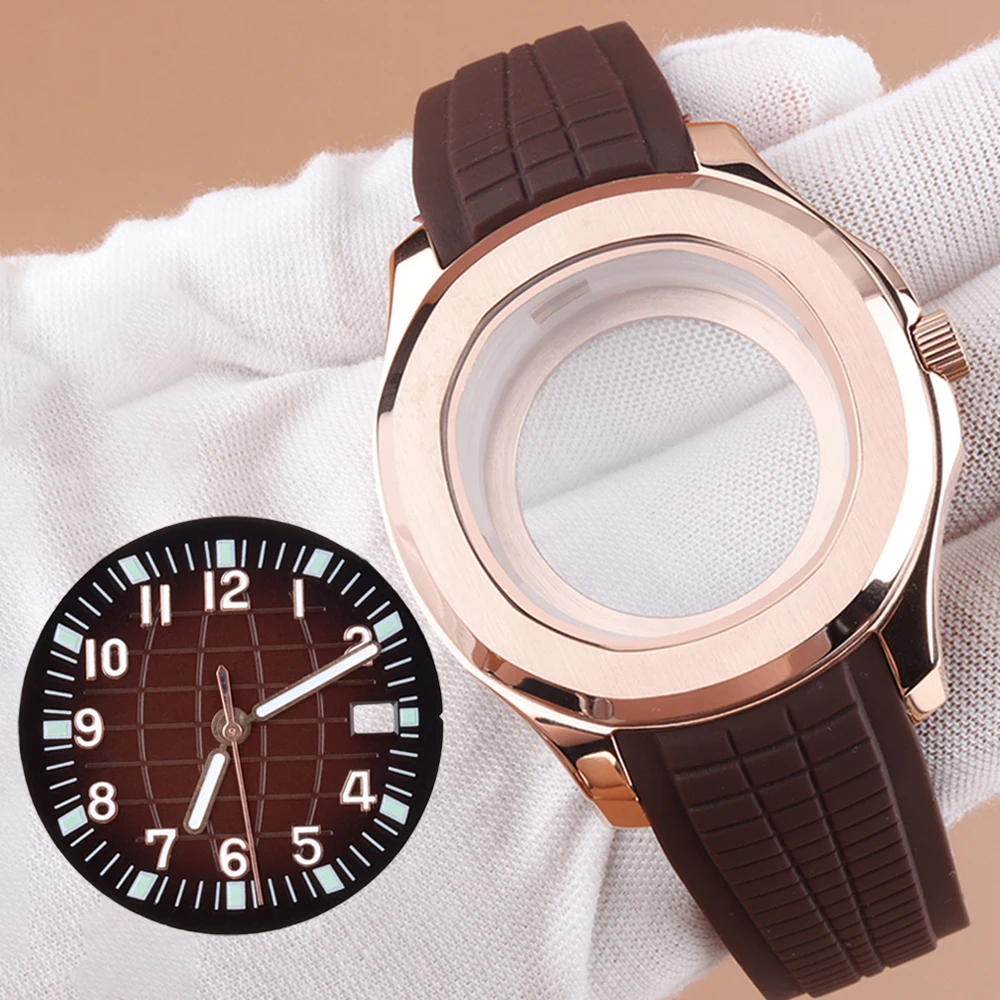 

Rose Gold Fit Nautilus Case Dial NH35 42mm Men's Watch Case Rubber Strap For NH35 NH36 NH38 Movement Waterproof Aquanaut Case