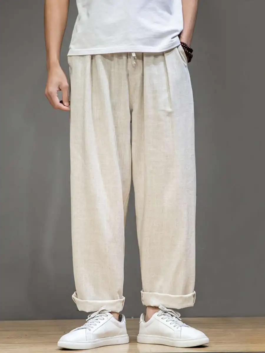 

New Men's Summer Thin Cotton Linen Casual Pants Elastic Waist Loose Straight Large Size Comfortable Fit Daily Wear Long Trousers