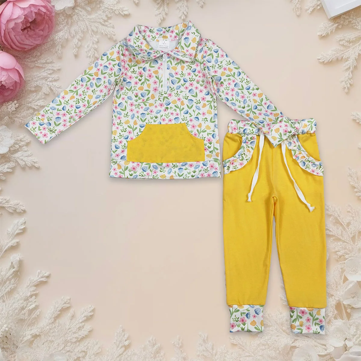 

Baby Girl Long Sleeve Colorful Flowers Zipper Pockets Tops Kids Set Yellow Jogger Pant Toddler Outfit Children Clothes Wholesale