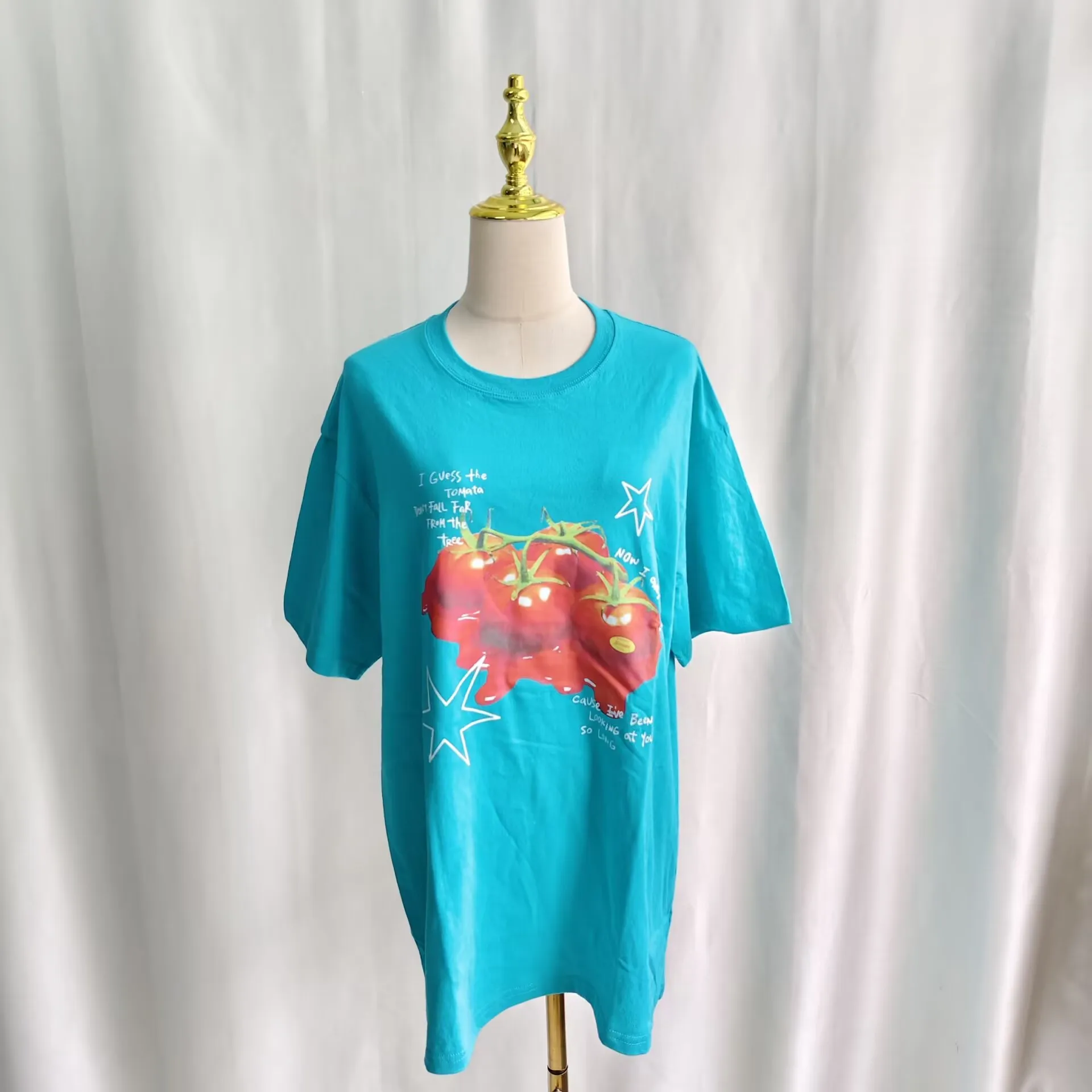 Onalippa American Tomato Print Lake Blue Short Sleeved T-shirt Women Summer 2026 New Loose Versatile Slimming Top Ins view 2