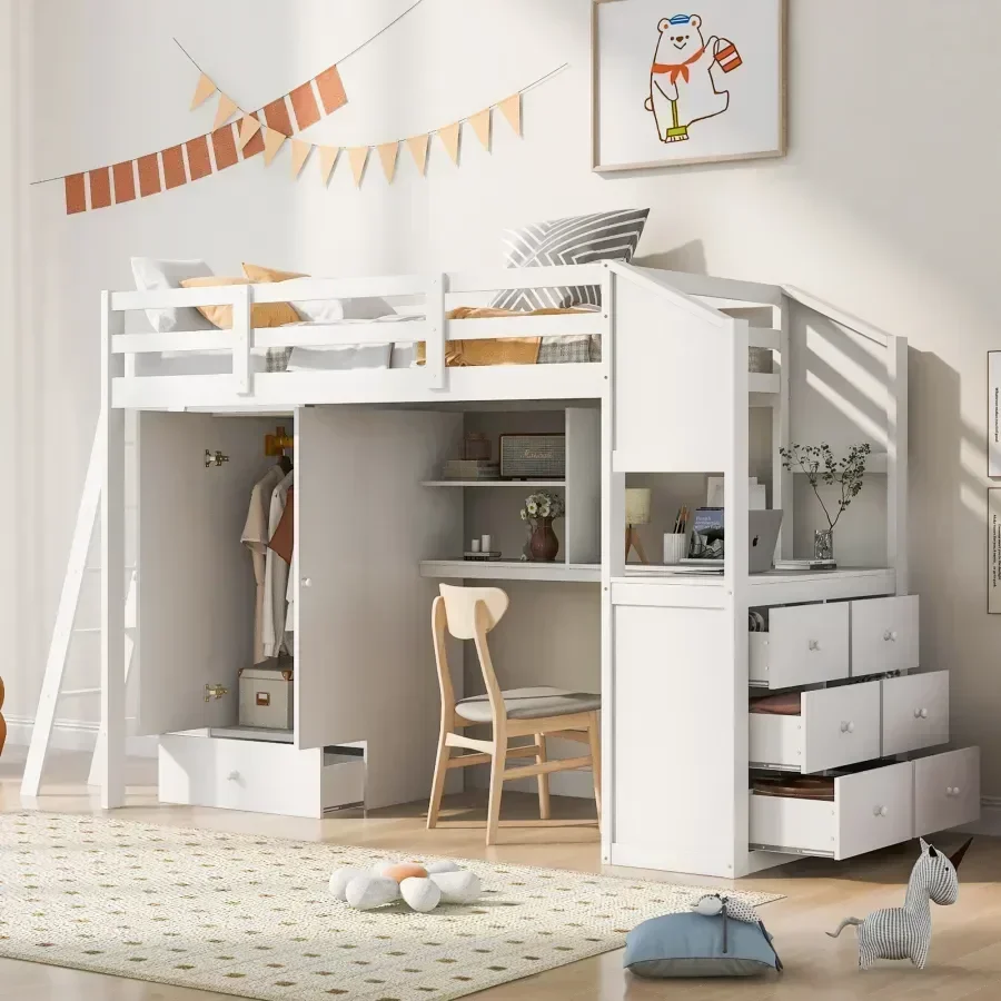 Desk Loft Bed Wardrobe Drawers Attached Shelves Versatile Twin Durable