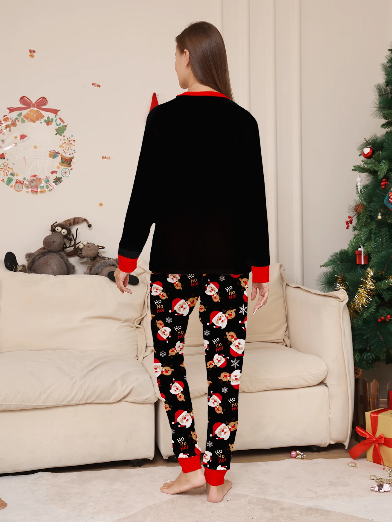 Family Christmas Pajamas Set Parent-child Sleepwear Black Long Sleeve Santa Reindeer Ho Ho Ho Print Xmas Gift Men Women Kids