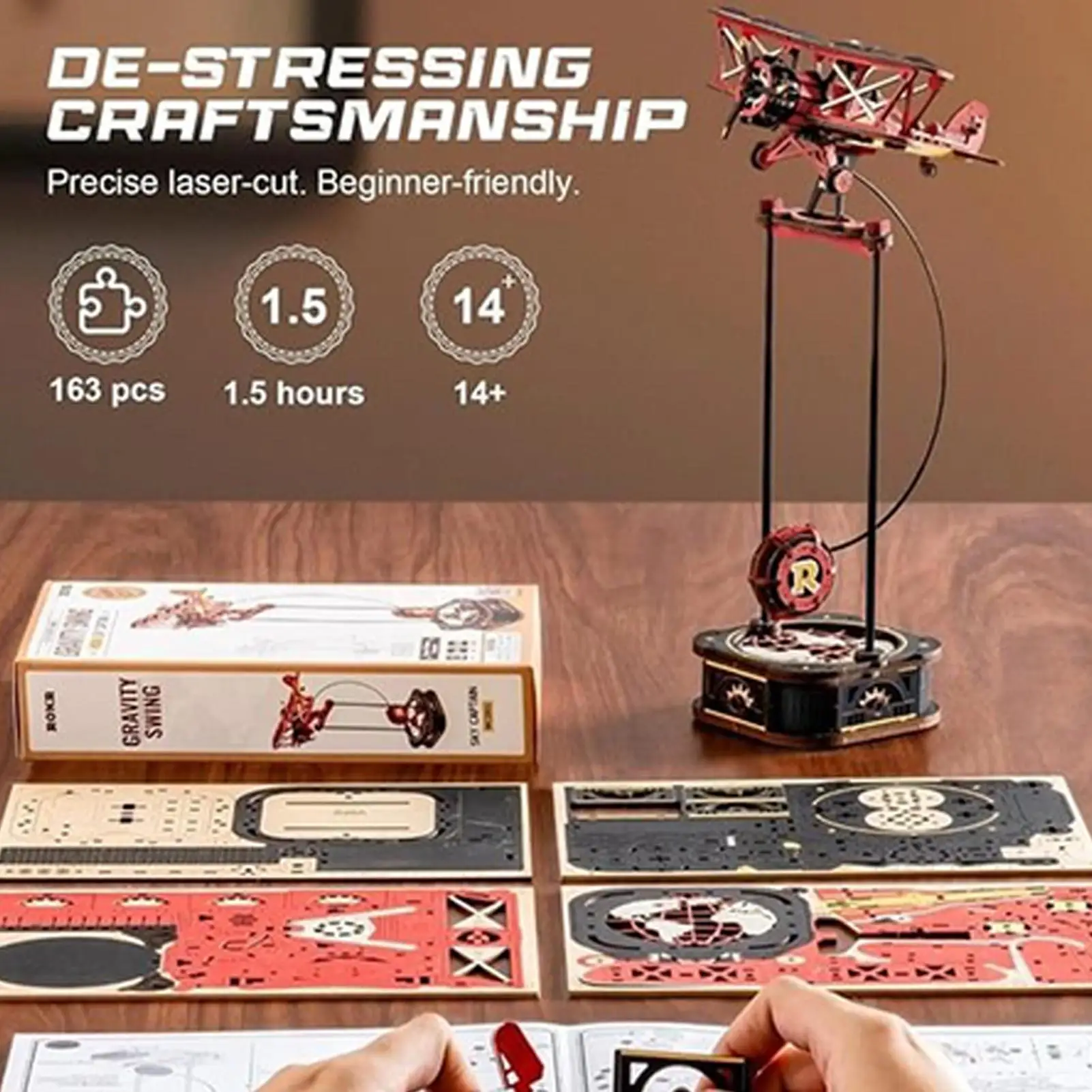 3D Wooden Puzzles Wooden Educational Interactive Aircraft Fisherman Puzzle Swing Model Kit For Kids Living Room Study Desktop