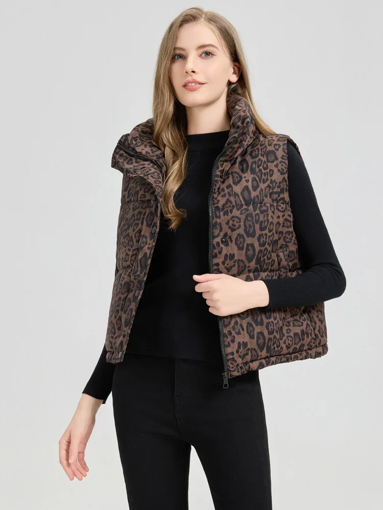 가을 겨울 신상 여성용 슬림핏 면 조끼 스탠드 칼라 다운 코튼 베스트 레오파드 프린트 지퍼 클로저 베스트