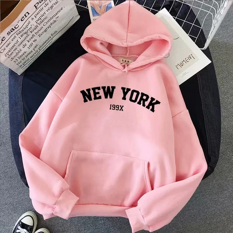 Hoodie Europe and America Sweatshirts for Women New York Letter y2k Autumn Winter Oversized Plus Velvet Casual Loose Fleece Tops