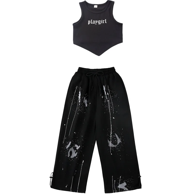 Kid Kpop Hip Hop Clothing White Black Irregular Hem Crop Tank Top Casual Ink Print Sweat Pants for Girl Dance Costumes Clothes