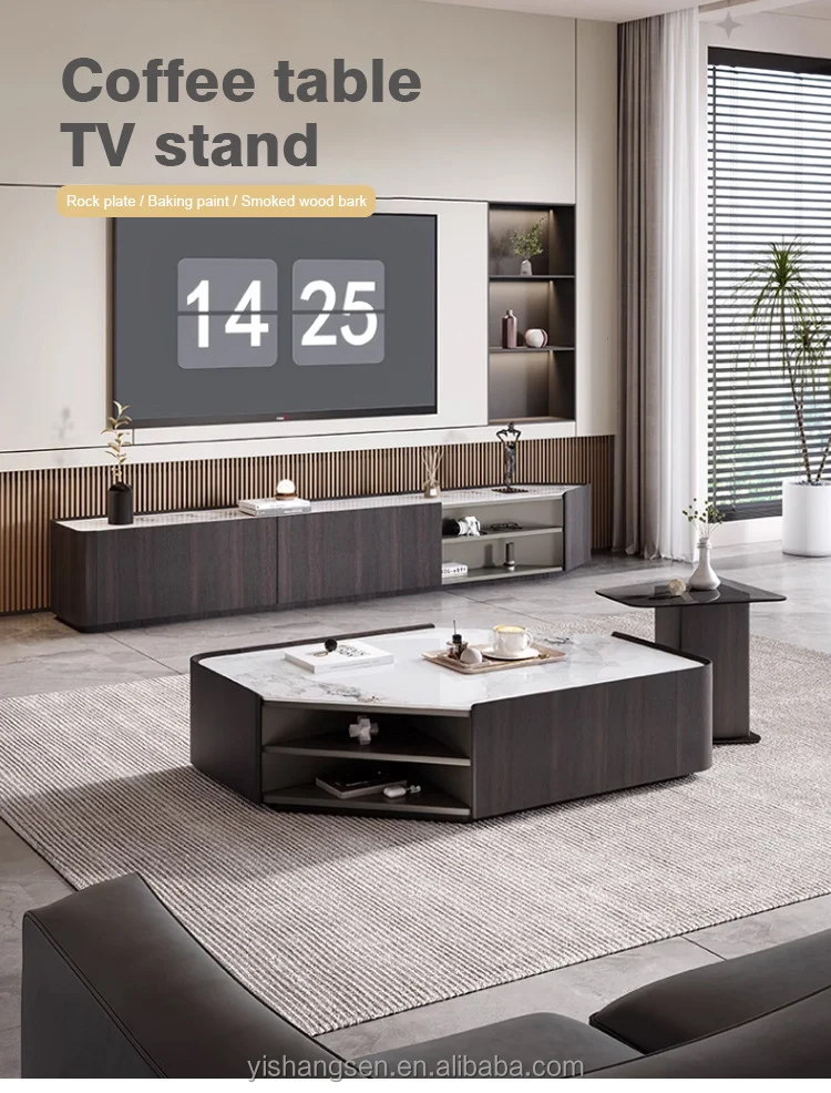 #Modern Simple Smoked Black Wood Skin TV Stand Tea Table Home Rock Plate Shaped for Living Room or Bedroom Made of Metal